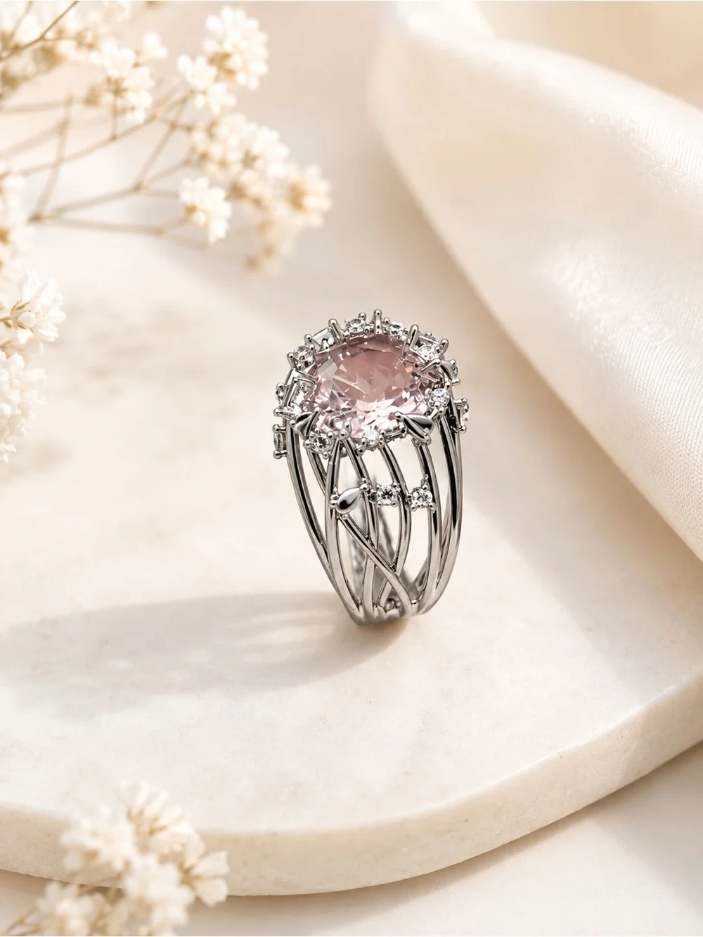 Vintage Style Pink Stone Cocktail Ring White Gold Filled Halo Cluster Statement
